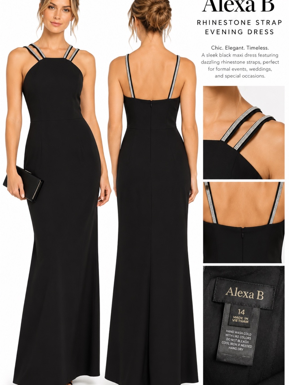 Elegant Black Maxi Dress with Double Rhinestone Straps